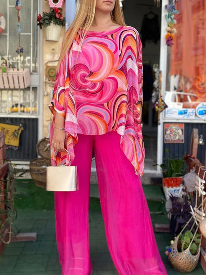 Summer New Colorful Chiffon Suit Casual Round Neck Printed Two-piece Suit apparel & accessories