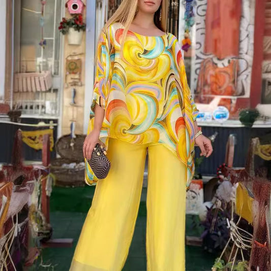 Summer New Colorful Chiffon Suit Casual Round Neck Printed Two-piece Suit apparel & accessories