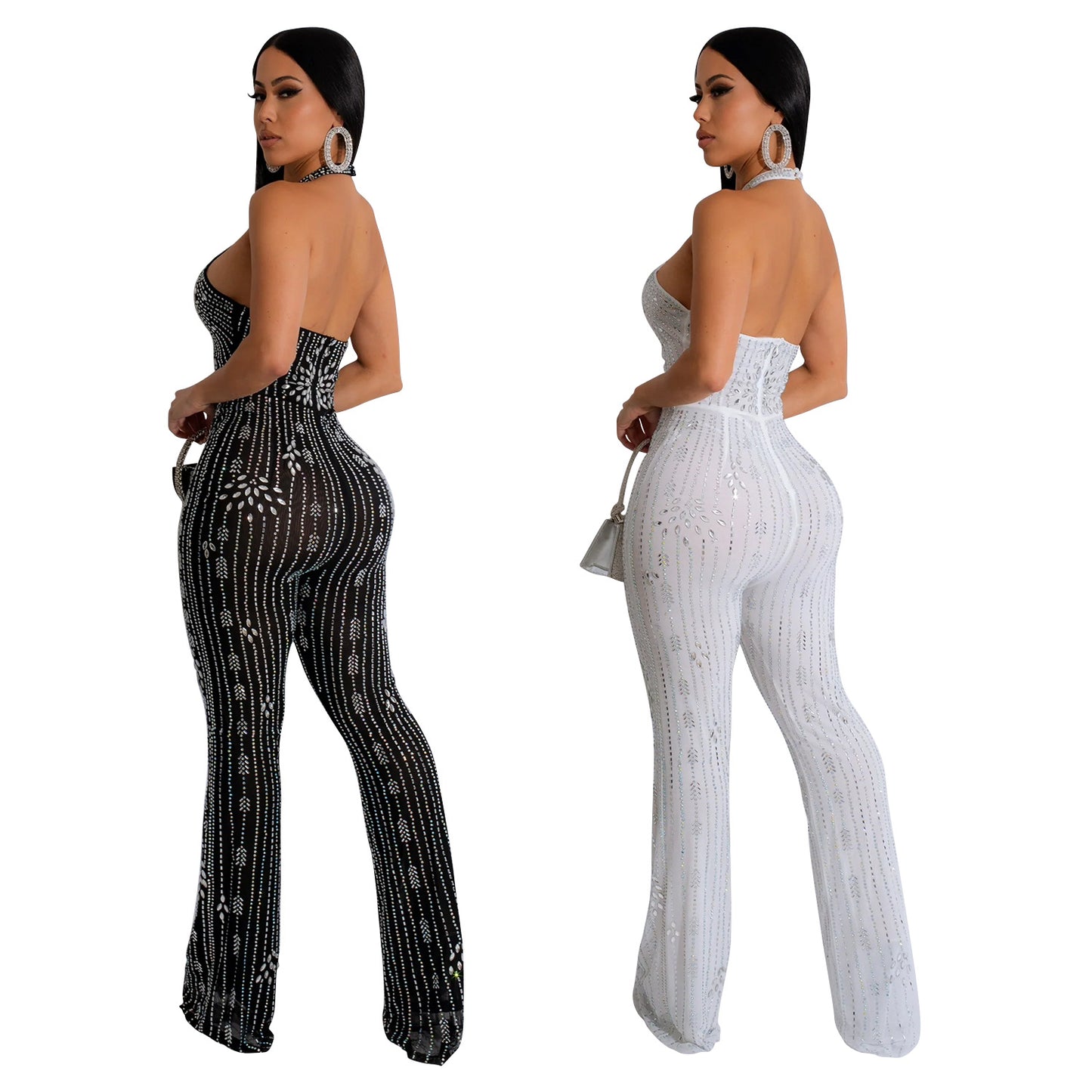 Wear Solid Color Rhinestone Sleeveless Halter Trousers Jumpsuit apparels & accessories