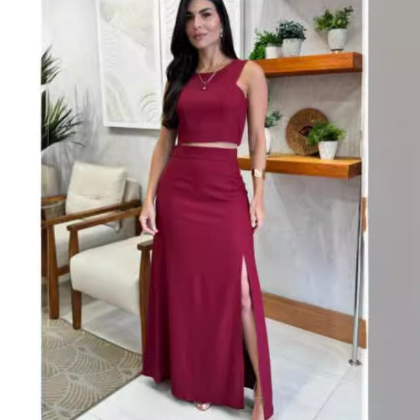 Solid Color Round Neck Sleeveless Top High Waist Slit Skirt Suit apparel & accessories