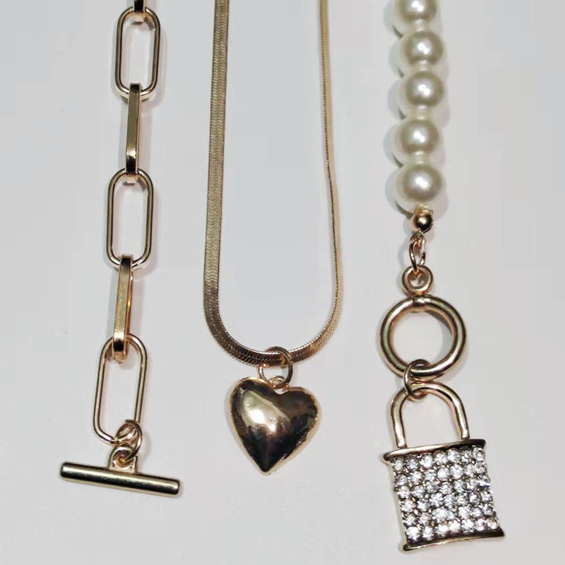 Diamond Lock-shaped Pearl Necklace Women's Simple Temperament Jewelry