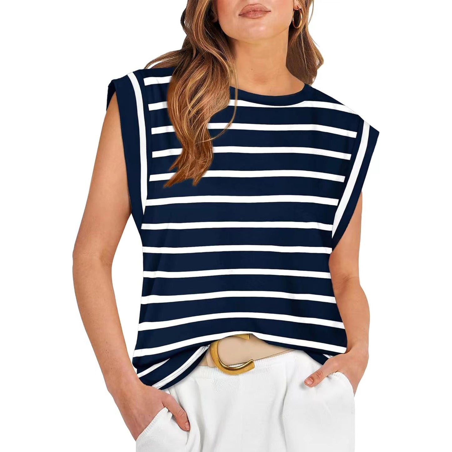 Round Neck Loose Short Sleeves T-shirt Striped Top Women's Vest apparel & accessories