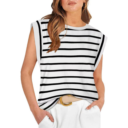 Round Neck Loose Short Sleeves T-shirt Striped Top Women's Vest apparel & accessories