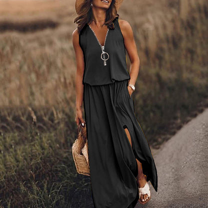 Spring And Summer New Sleeveless Long Casual Women's Waist Zipper Letter Print Dress apparel & accessories