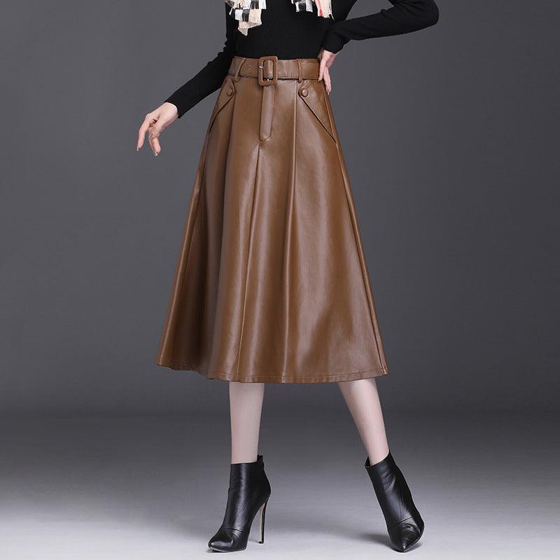 A Line PU High Waist Pleated Leather Skirt Bottom wear