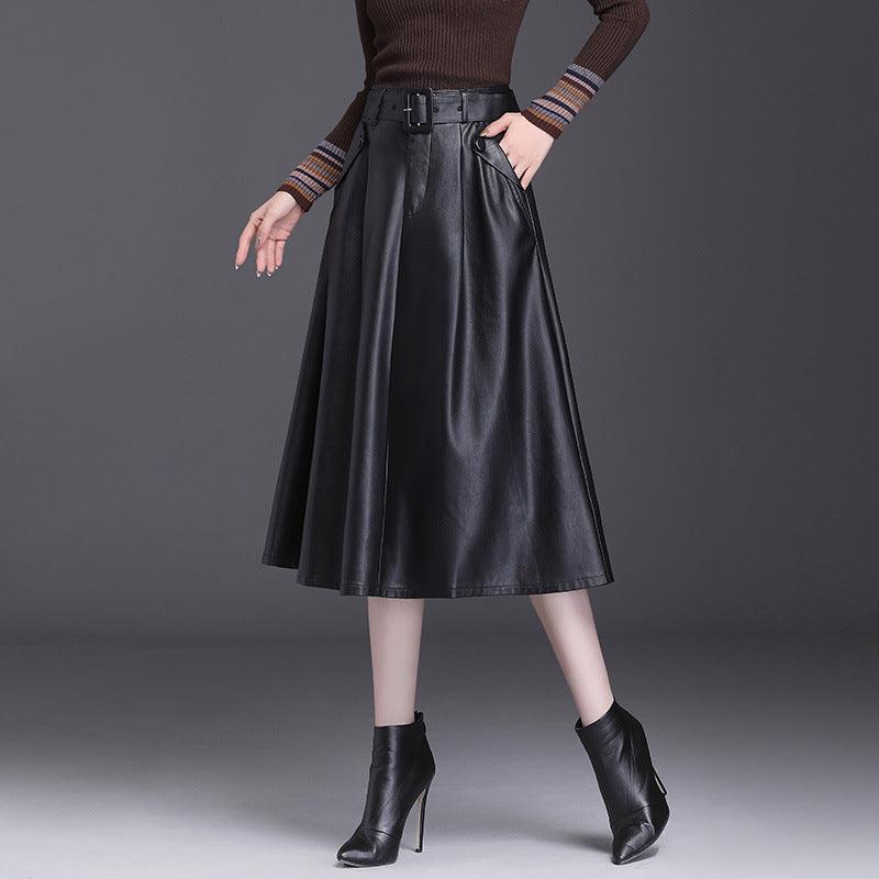 A Line PU High Waist Pleated Leather Skirt Bottom wear