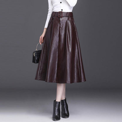 A Line PU High Waist Pleated Leather Skirt Bottom wear