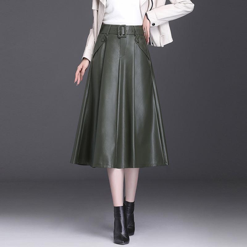 A Line PU High Waist Pleated Leather Skirt Bottom wear