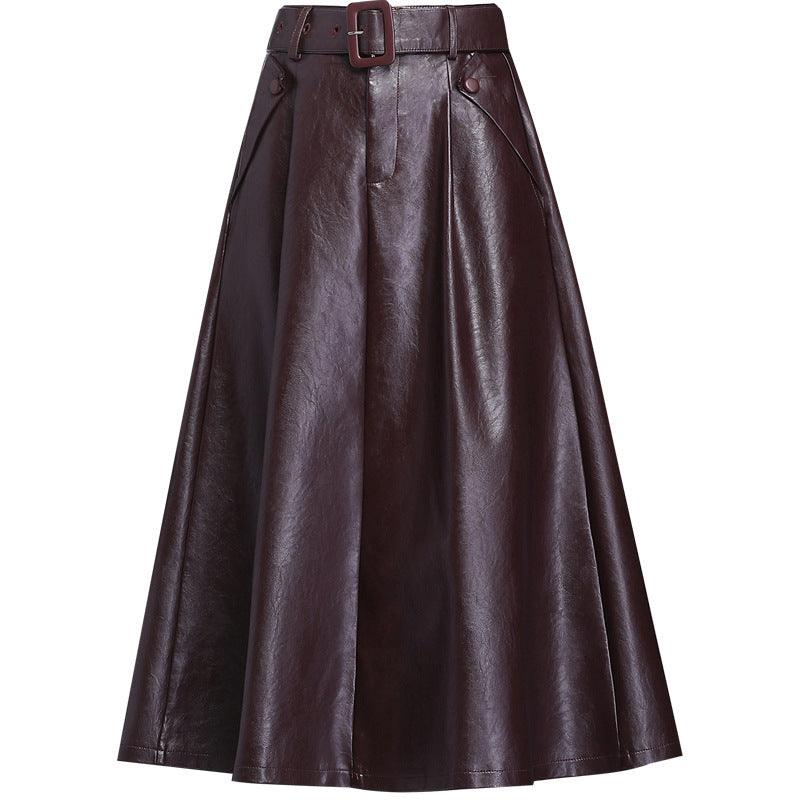 A Line PU High Waist Pleated Leather Skirt Bottom wear