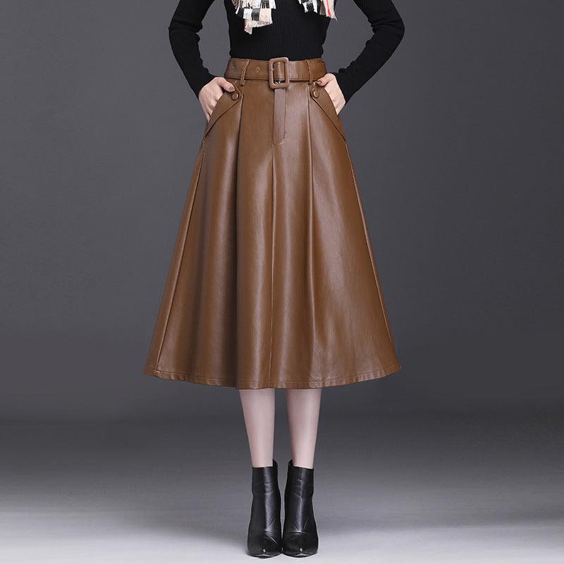 A Line PU High Waist Pleated Leather Skirt Bottom wear