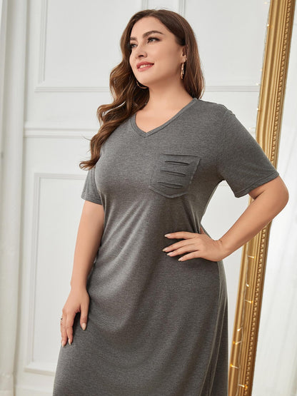 Plus Size Pocketed V-Neck Short Sleeve Lounge Dress Dresses & Tops