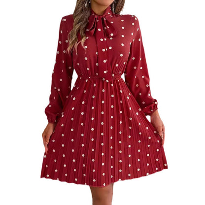 Women's Polka-dot Self-tie Waist-controlled Long Sleeves Pleated Skirt apparels & accessories