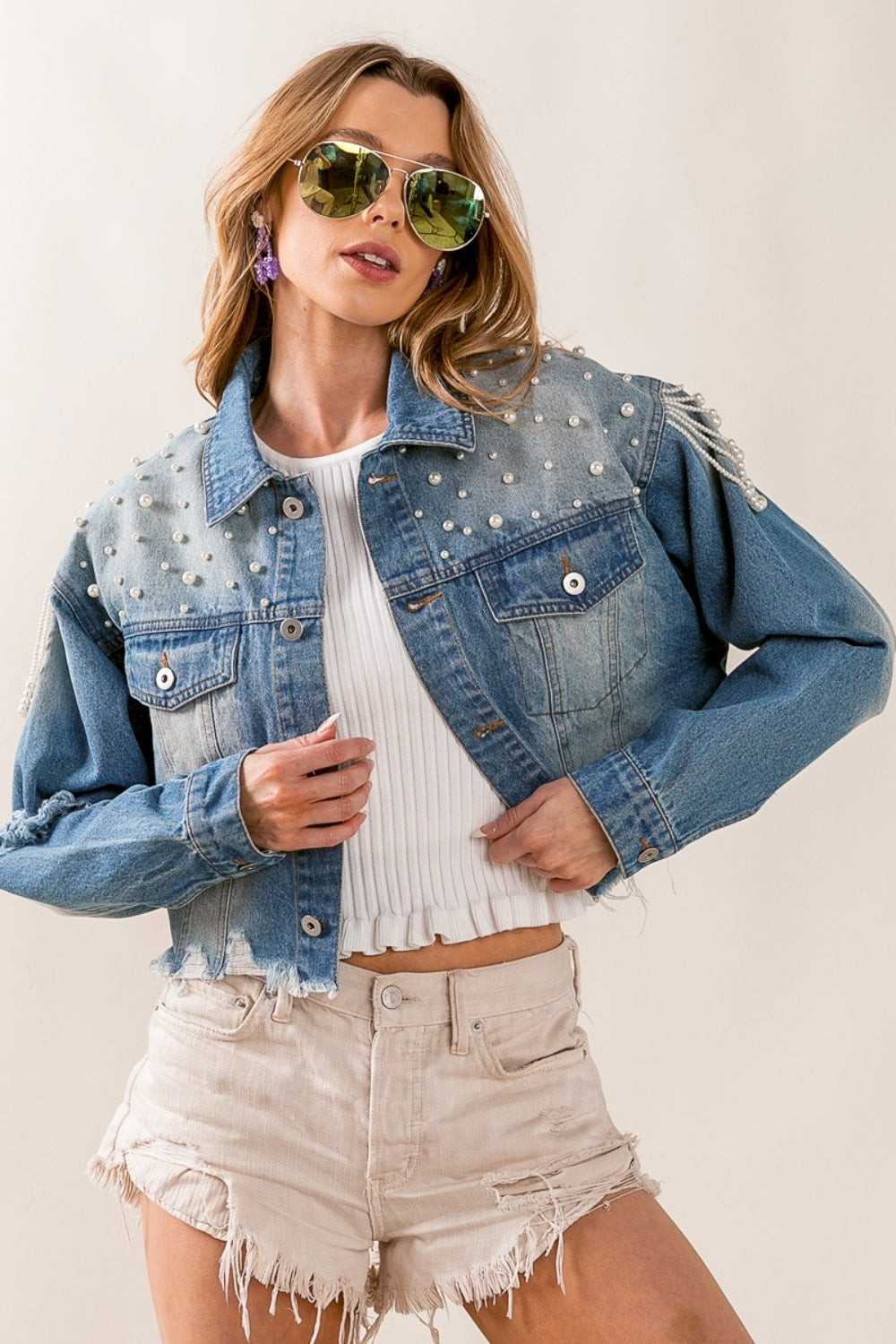 BiBi Pearl Detail Distressed Cropped Denim Jacket Dresses & Tops