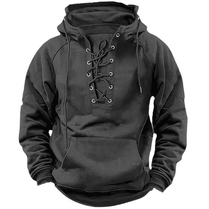 Retro Lace-up Hooded Long-sleeved T-shirt men's clothing