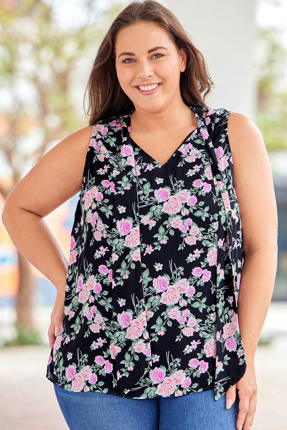 Plus Size Floral Tie Neck Tank apparel & accessories