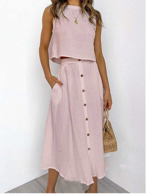 Simple Round Neck Vest Shirt Mid-length Dress Two-piece Suit apparels & accessories