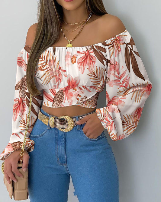 Women's Printed Off-the-Shoulder One-Neck Balloon Sleeve Top apparel & accessories