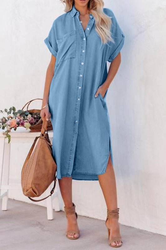 Slit Button Up Short Sleeve Imitation Denim Dress apparel & accessories