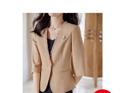 Women's Collarless Three Quarter Sleeve Suit Jacket apparel & accessories