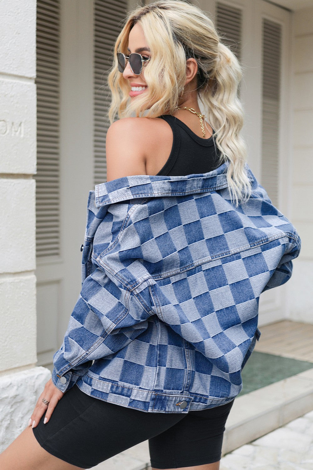 Checkered Button Up Long Sleeve Denim Jacket Dresses & Tops