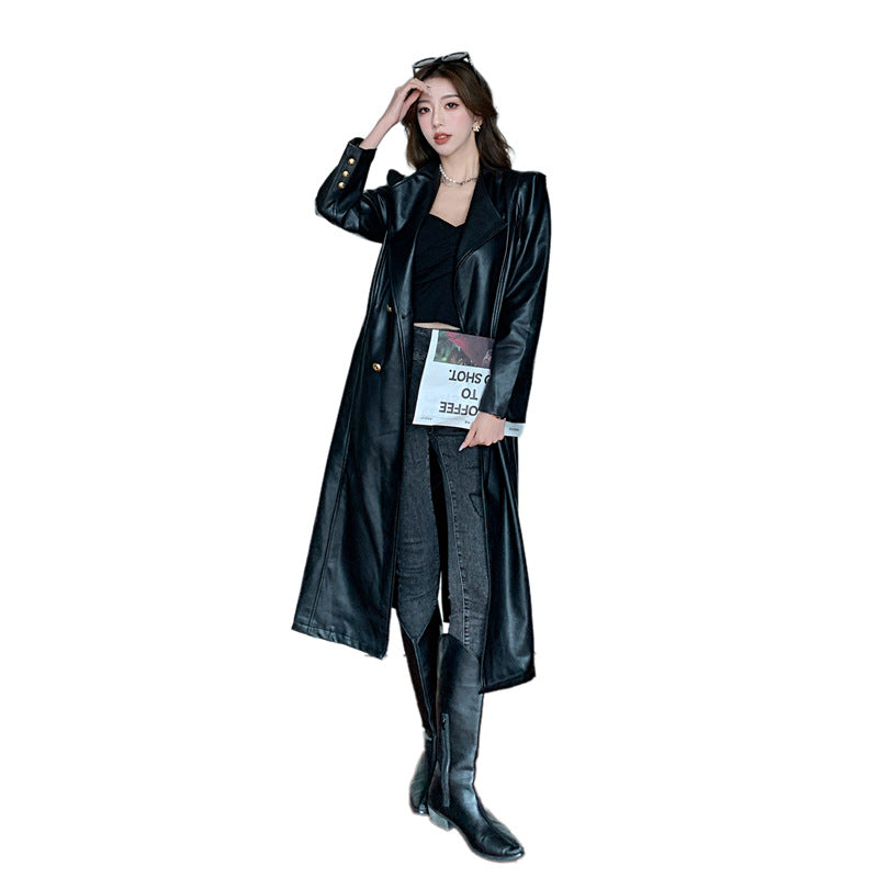 Fashionable Elegant Leather Trench Coat 0