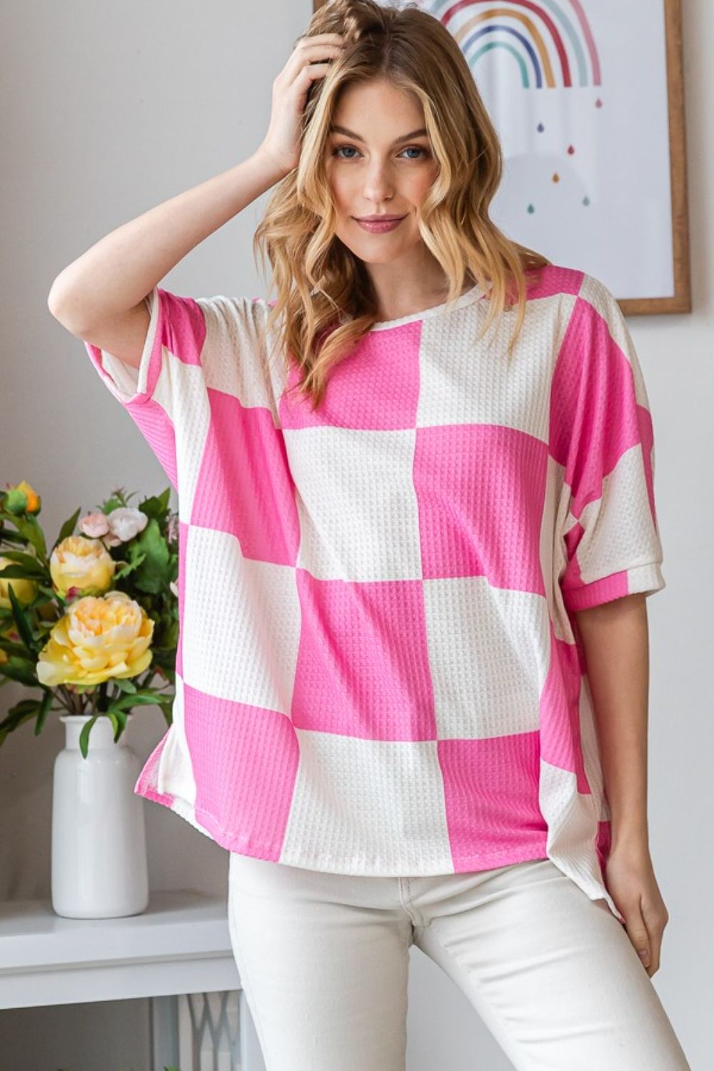 HOPELY Checkered Waffle Oversized T-Shirt Dresses & Tops