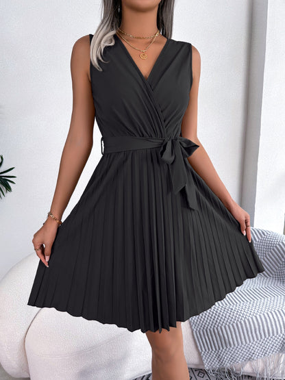 Tied Surplice Sleeveless Pleated Dress Dresses & Tops