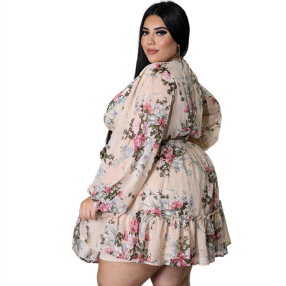 Plus Size Women Flower Print ChiffonV Neck Out Long Sleeve Dress Dresses & Tops