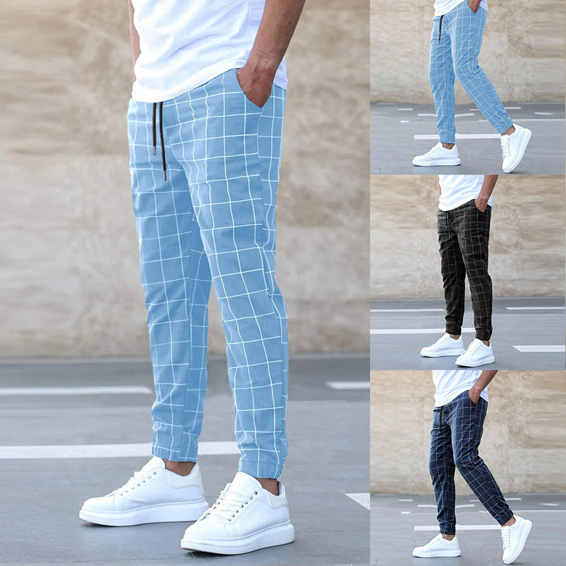 Fashion Plaid Print Pants Men's Casual Drawstring Trousers apparels & accessories