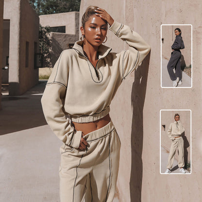 Long Sleeve Turtleneck Sweatshirt Short Top With Loose Straight Leg Pants apparels & accessories