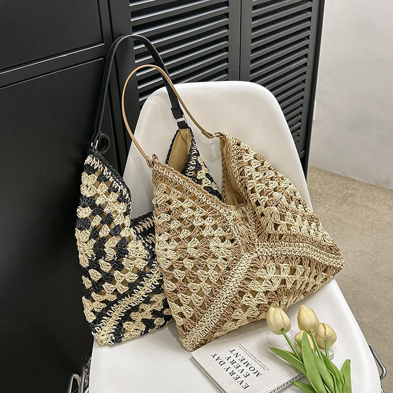 Women's Fashion Handmade Straw Woven Hollow Contrast Color Weave Shoulder Bag Accessories for women