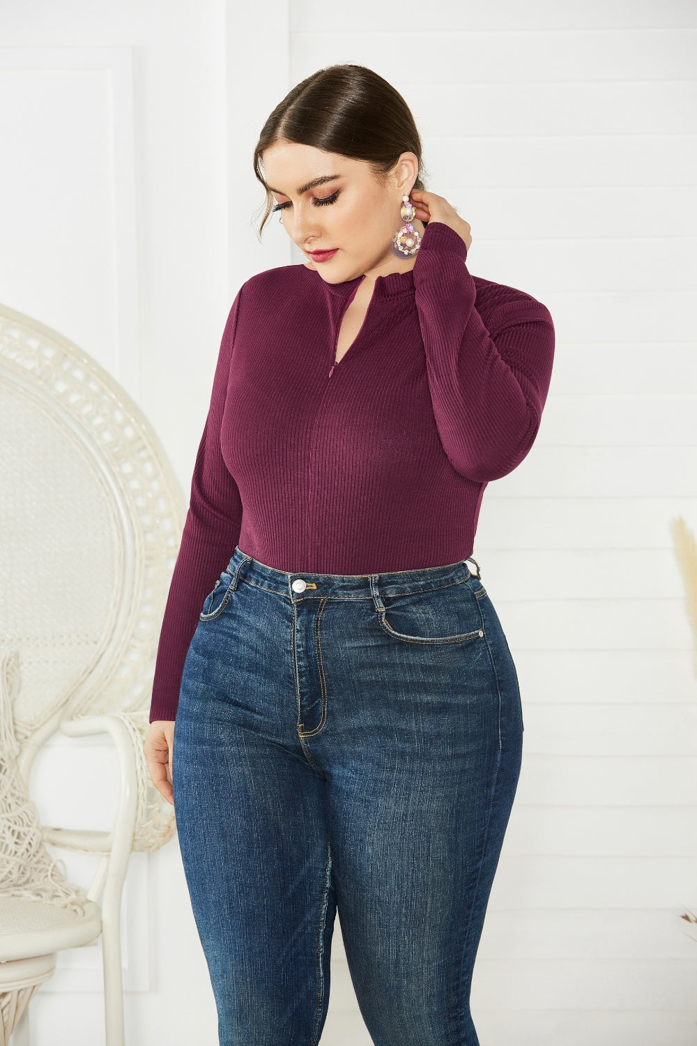 Plus Size Zip Up Long Sleeve Bodysuit Dresses & Tops