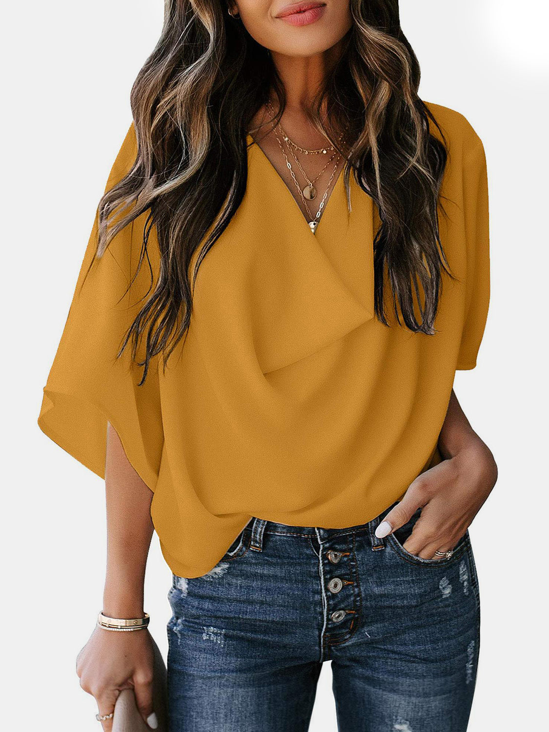 Full Size Cowl Neck Three-Quarter Sleeve Blouse apparel & accessories