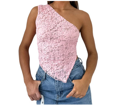 Ins Lace Backless Top Summer Solid Color Waistless Asymmetrical Sloped Neck Vest Streetwear Womens Clothes apparel & accessories