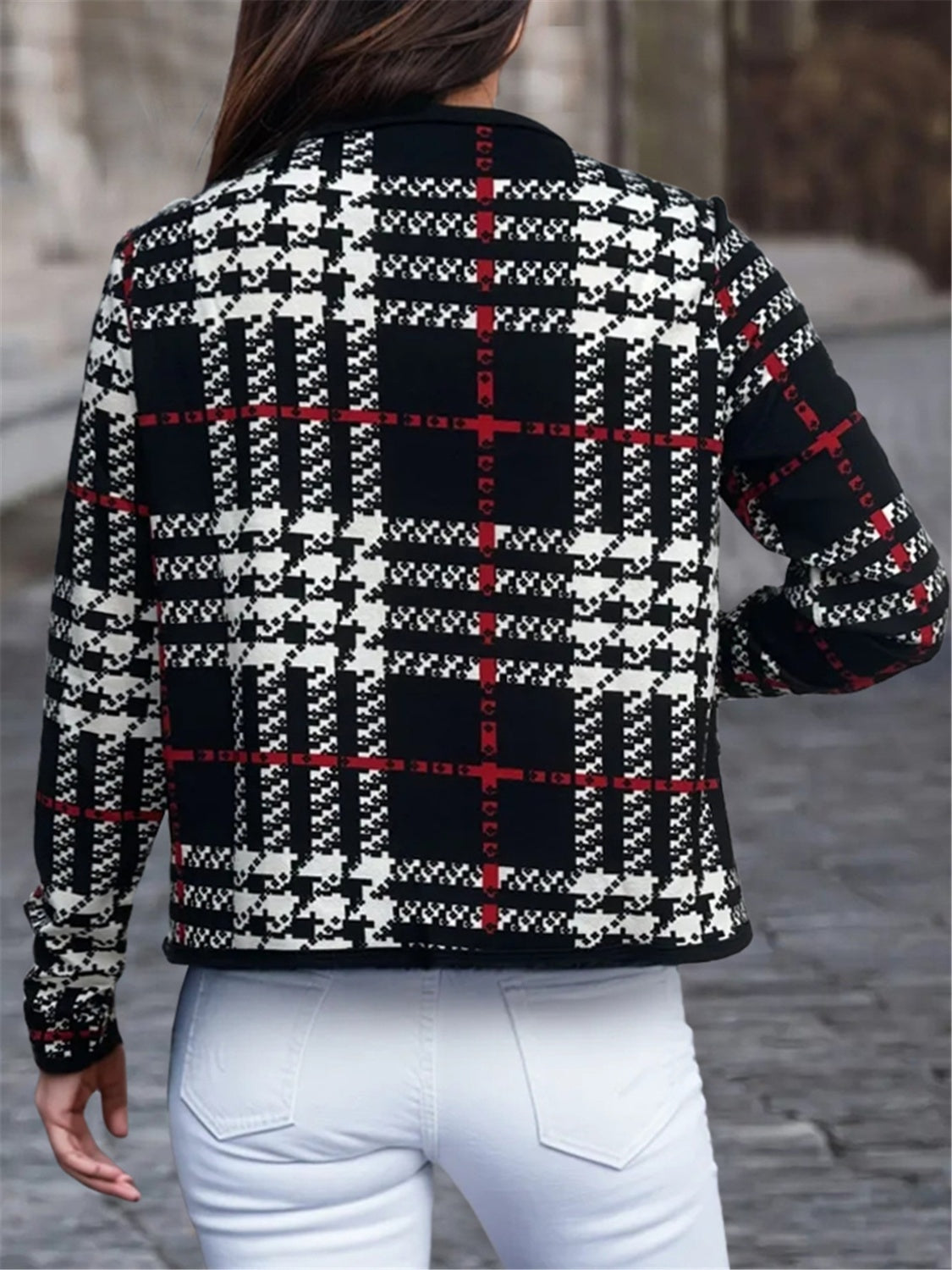 Plaid Open Front Long Sleeve Jacket Dresses & Tops