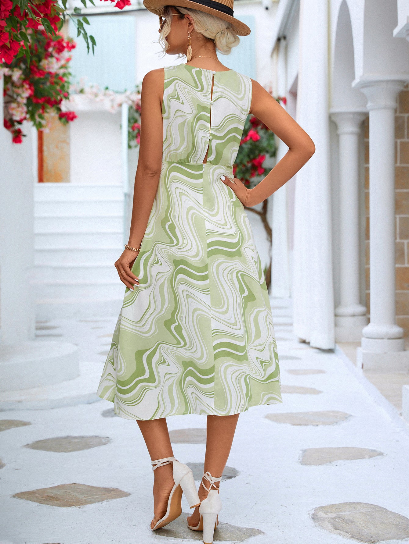 Printed Cowl Neck Sleeveless Dress apparel & accessories