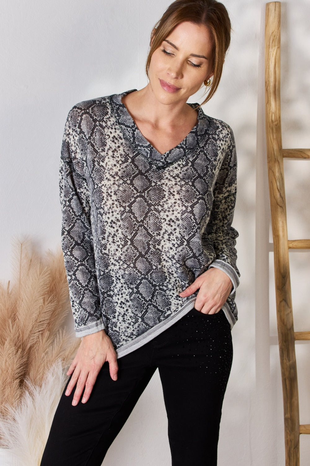 Hailey & Co Full Size Snakeskin V-Neck Long Sleeve Top Dresses & Tops