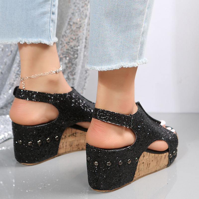 Chunky Wedges Sandals Sequins Velcro Shoes Shoes & Bags