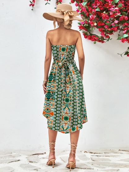 Printed Strapless Tie Belt Dress apparel & accessories