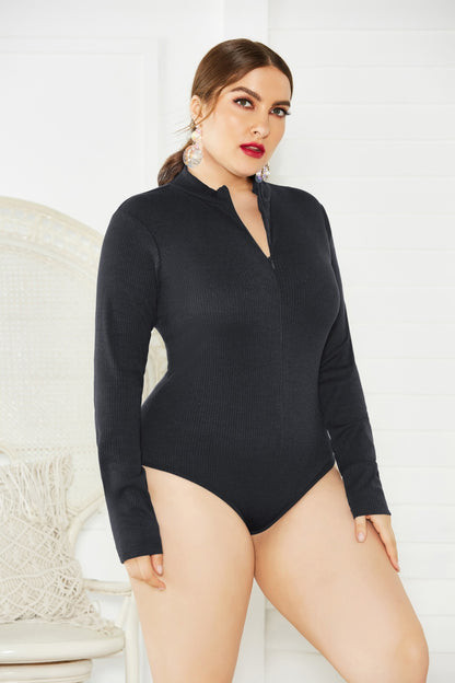 Plus Size Zip Up Long Sleeve Bodysuit Dresses & Tops