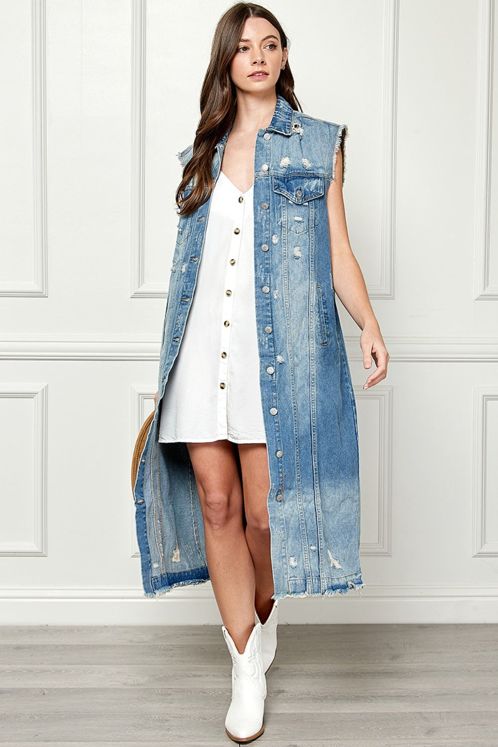 Veveret Full Size Distressed Sleeveless Longline Denim Jacket apparel & accessories