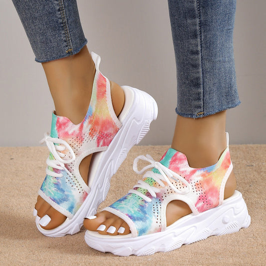 Print Lace-up Sports Sandals Summer Peep Toe Casual Mesh Shoes Shoes & Bags