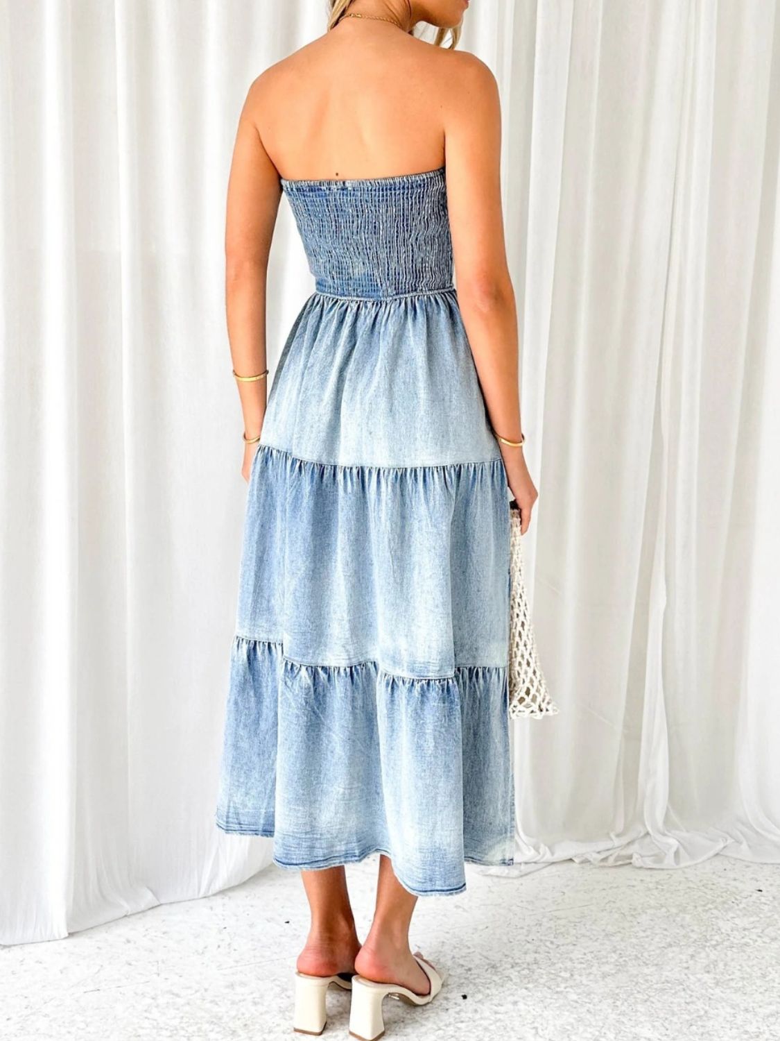 Slit Smocked Tube Tiered Denim Dress apparel & accessories