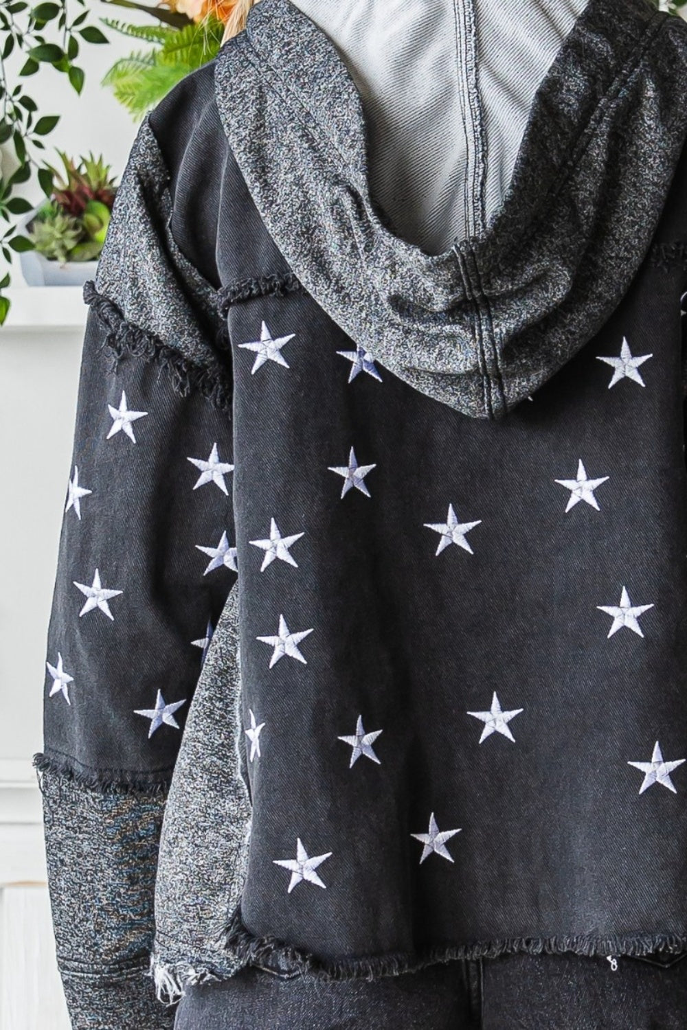 Veveret Star Embroidered Hooded Denim Jacket apparel & accessories