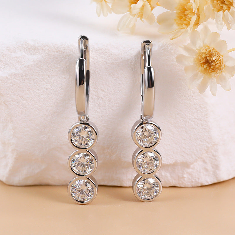 Fashion Moissanite 925 Sterling Silver 18K Gold Plating Elegant Three Stone Bubble Earrings Jewelry