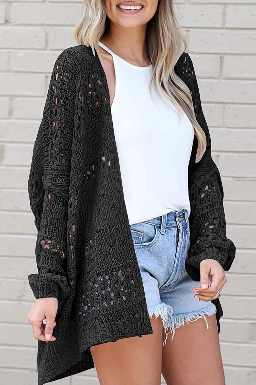 Openwork Open Front Long Sleeve Cardigan apparel & accessories