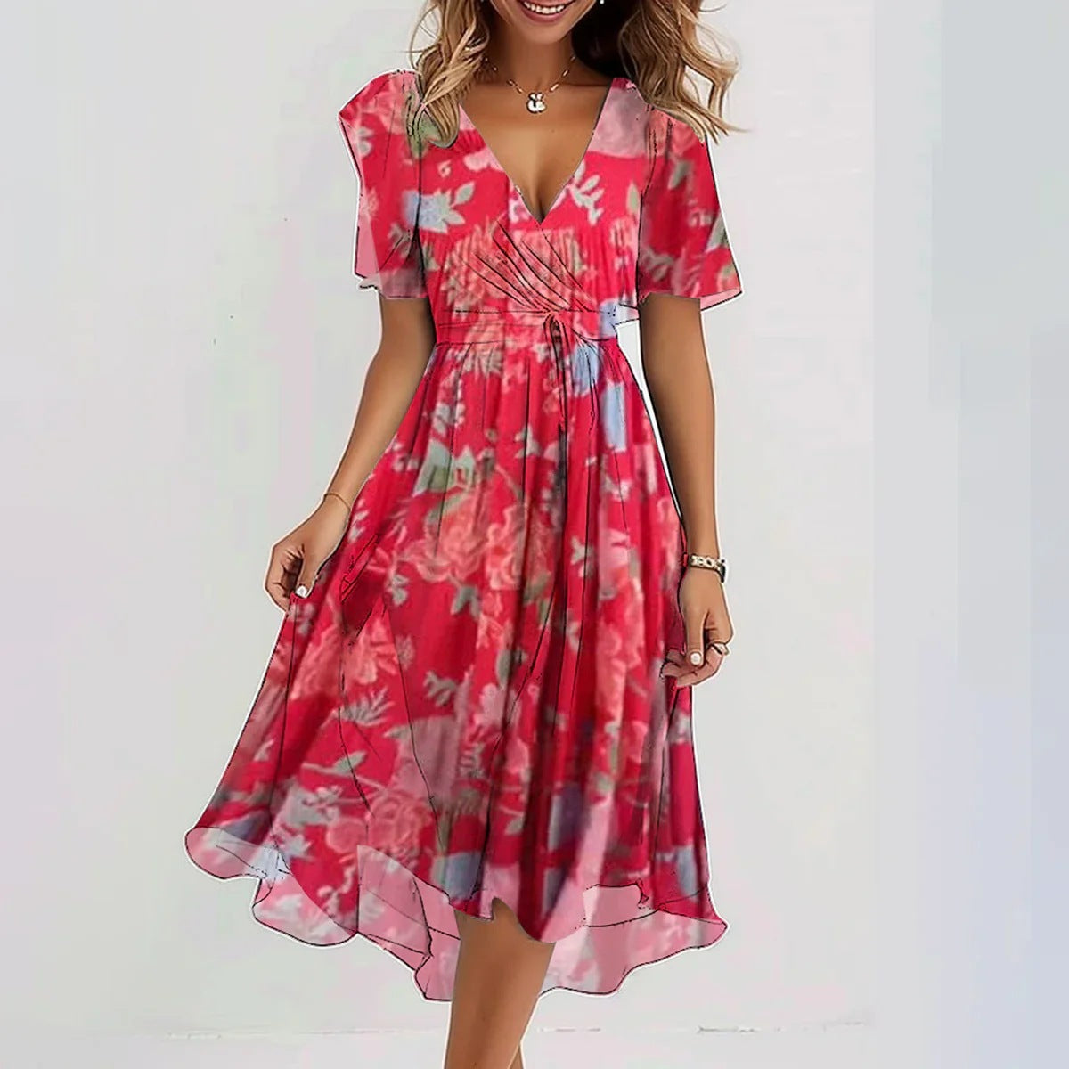 Chiffon Printed Short Sleeve Dress Summer Elegant V-neck Dresses Womens Clothing apparels & accessories