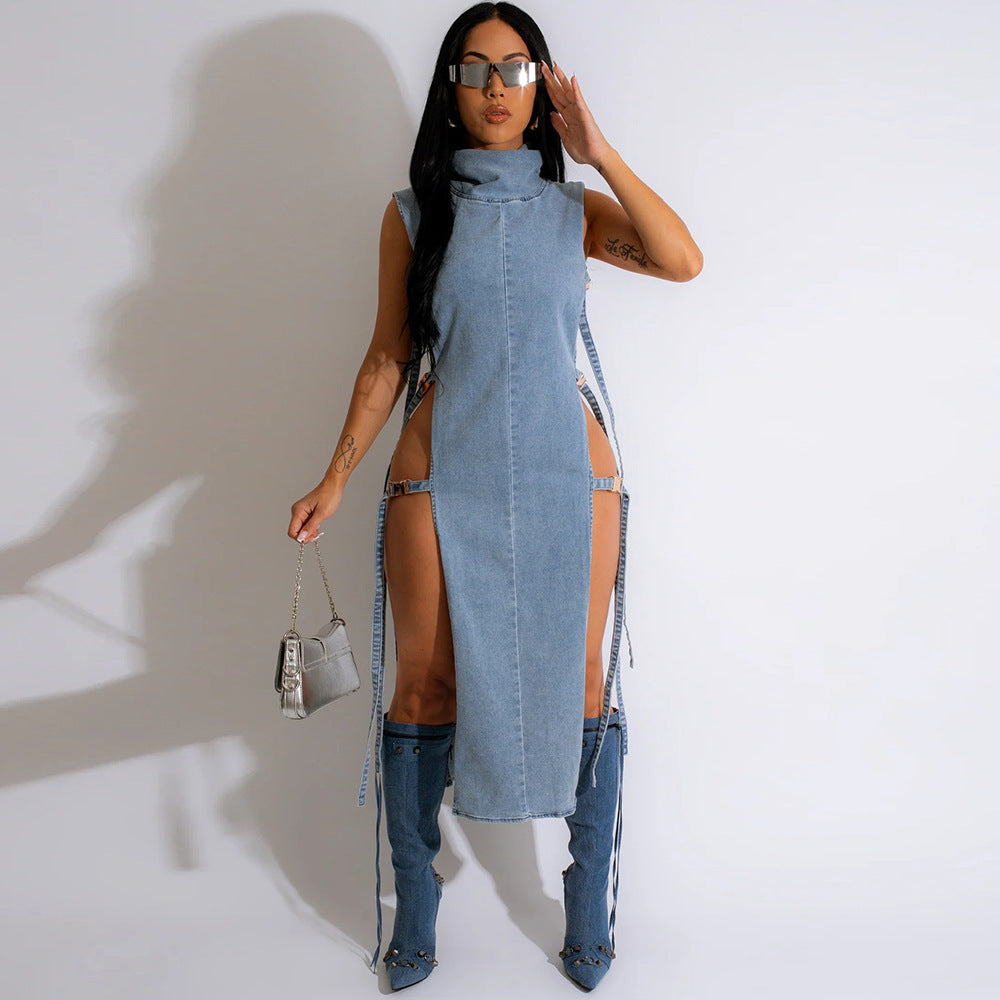 Denim Washed High Collar Dress Women apparels & accessories