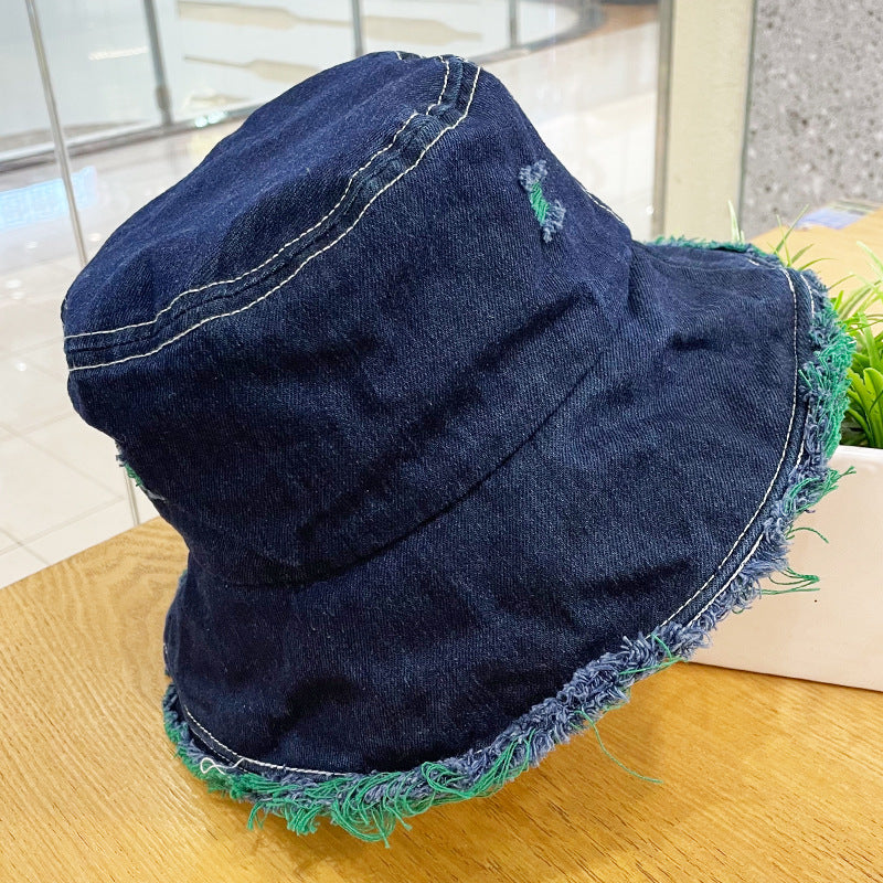 Made Of Old Rough Edge Denim Fisherman Hat Women's Sun Protection Retro Jewelry