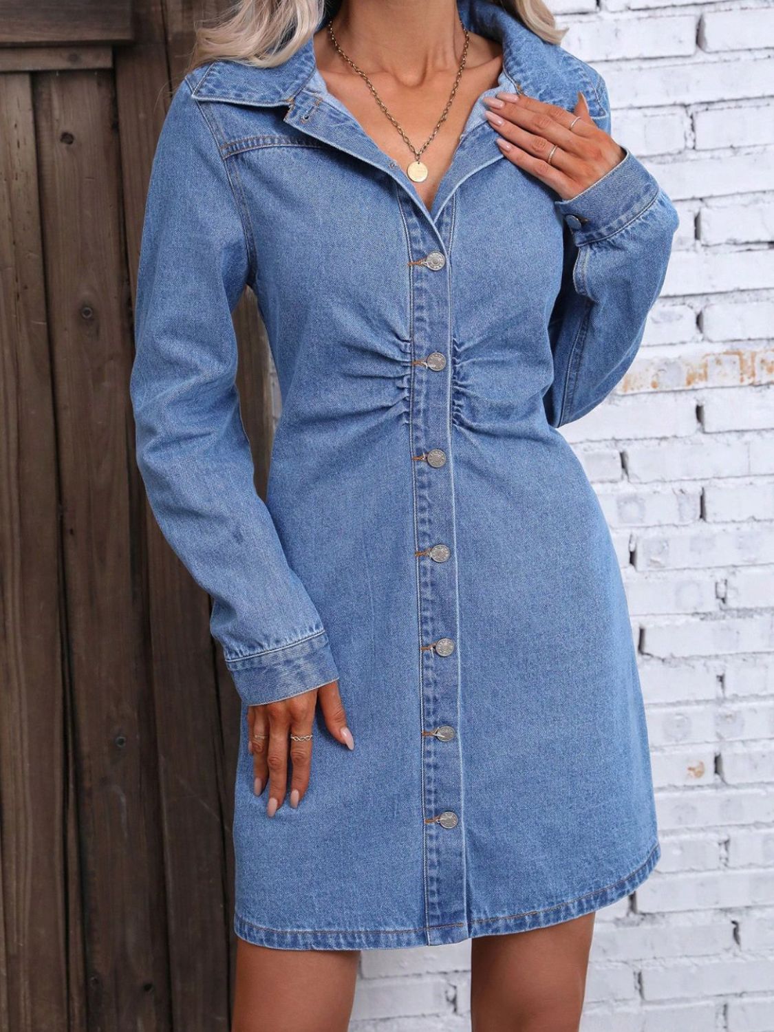 Ruched Button Up Long Sleeve Denim Dress Dresses & Tops